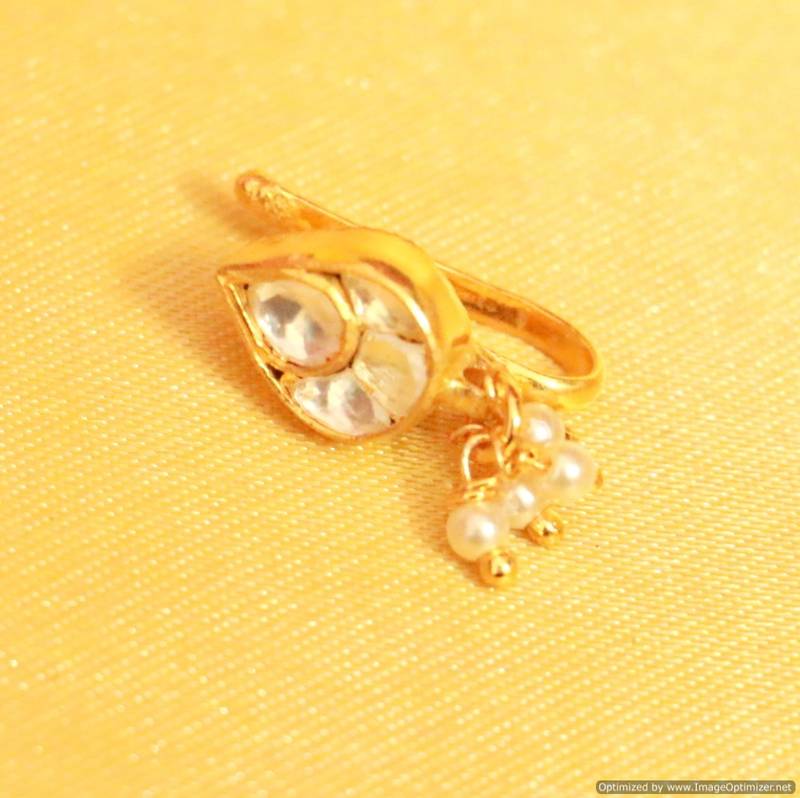 Gold-plated marathi red stone studded nose pin with pearls - Adwitiya -  4179412